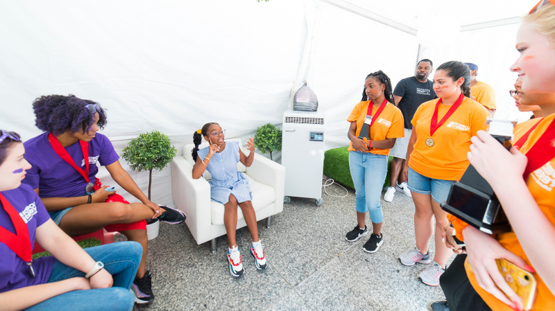 Marsai Martin meets with Icebox Derby competitors, following the race.